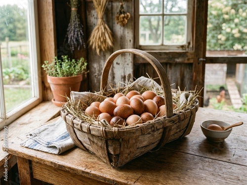 Fresh organic brown chicken eggs in a rustic wooden basket with straw on a workbench in a farmhouse shed