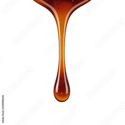 A single thick drop of sweet maple syrup dripping down slowly isolated for food and cooking design projects isolated on transparent background