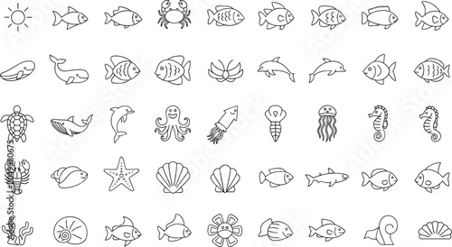 Schilderij op canvas Marine life icon illustration collection featuring fish, crab, whale, dolphin, t