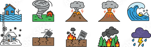 Natural disaster icon illustration collection featuring flood, tornado, volcano, tsunami, earthquake, wildfire, thunderstorm, blizzard, and hazard design