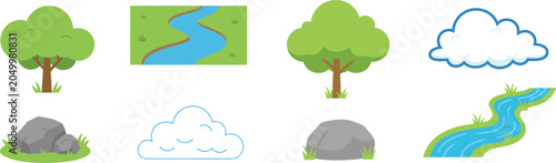 Nature illustration collection featuring trees, clouds, rocks, rivers, streams, grass, cartoon landscape, outdoor environment, and colorful design