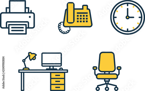 Office equipment illustration collection featuring printer, telephone, clock, desk with computer, office chair, workplace productivity, and modern design