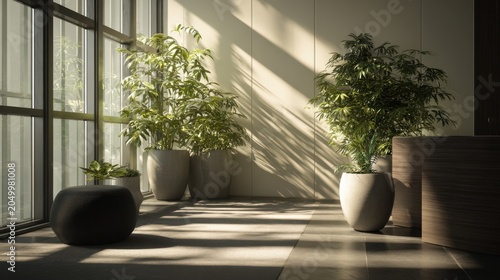 Modern indoor space with large potted plants and sunlight streaming through windows