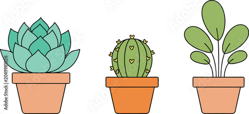 Potted plant illustration collection featuring succulent, cactus, leafy houseplant, terracotta pots, indoor greenery, and decorative botanical design