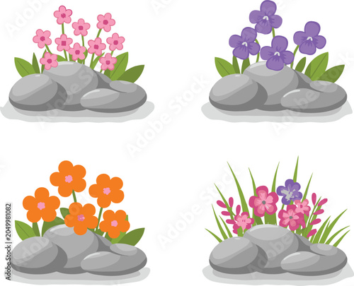 Rock garden flower illustration collection featuring pink, purple, orange blossoms, green leaves, natural stones, and colorful botanical design