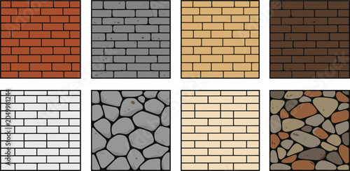 Wall texture illustration collection featuring brick, stone, multicolored patterns, red, gray, tan, brown, architectural material, and design