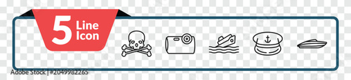 Foto outline nautical icons set - skull and bones, water resist camera, sailor cap, speed boat