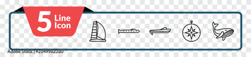 Photography outline nautical icons set - scow, submarine, azimuth compass, whale