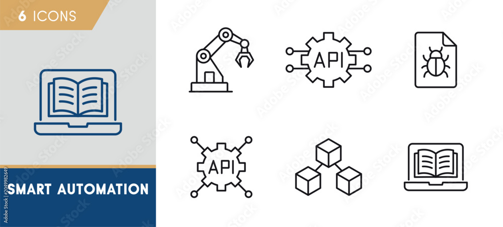 Fototapeta premium Smart Automation Line Icon Set. API Integration and Robotics Outline Icons.