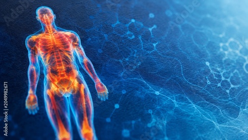 Advanced Body Composition Imaging Background with Radiant Anatomical Silhouette and Scientific Paper Texture