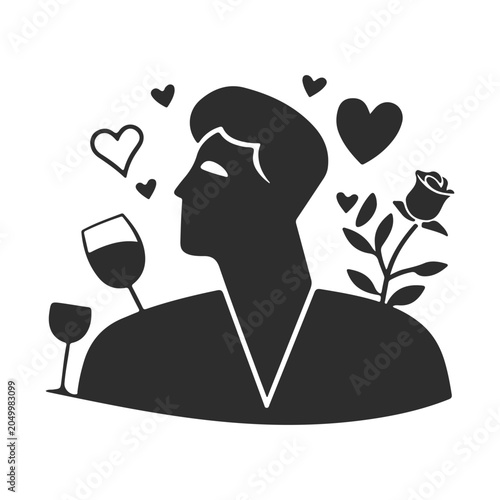 A silhouette of a man in profile surrounded by flowers, a glass of wine, and hearts. A vector illustration depicting romance and a romantic date