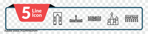 outline monuments icons set - ejer baunehoj, retiro park, russia, segovia aqueduct. editable vector for web and mobile ui