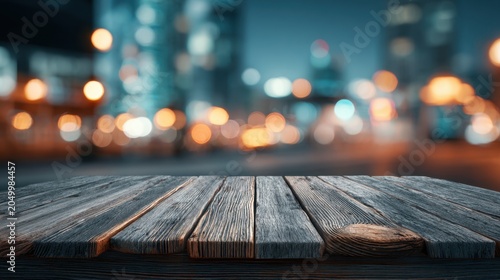 Empty Wooden Table in Front of a Blurred Night Cityscape with Lights