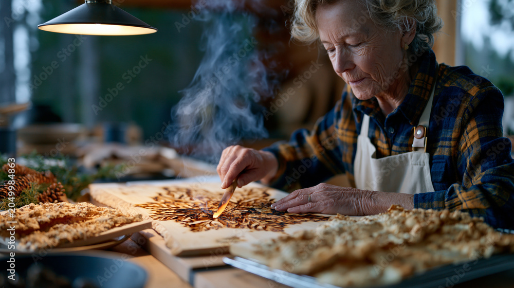 Obraz premium Artisan pressing a heated solid tip into pale basswood at a rural kitchen table under a single pendant lamp, smoke curling upward as a detailed botanical mandala emerges burned into the grain, finis