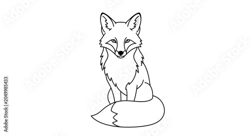 Slika na platnu Line drawing of a fox sitting on a white background with detailed facial features and bushy tail