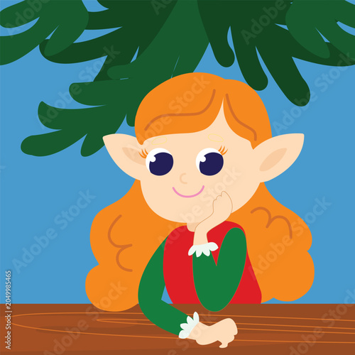 Cute cartoon elf girl with red hair sitting under green leaves.