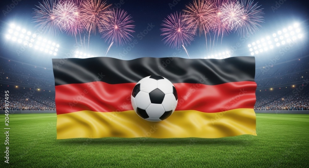 Naklejka premium German flag with soccer ball on football field at night with fireworks