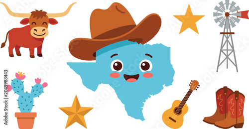 Cute Texas Sticker Set with Longhorn, Cowboy Hat, Cactus, Guitar, Boots, Windmill, and Star Kawaii Elements