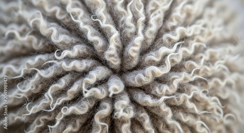 A detailed, top-down macro shot of curly, wavy wool fibers bunched tightly together in a spiral, circular pattern with soft grey and off-white neutral colors.