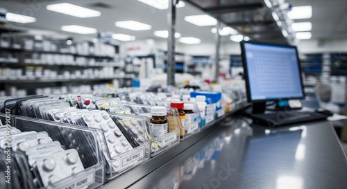 Close-up view of a pharmacy counter with various organized medicine packages, blister packs, and prescription syrup bottles. In the background, a computer screen displays data