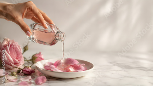 Rose Water Pouring onto Fresh Rose Petals, Premium Floral Skincare and Beauty Product Concept