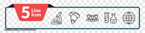 Fotografie outline e learning and education icons set - biology microscope, don quixote, chemical test tube, international