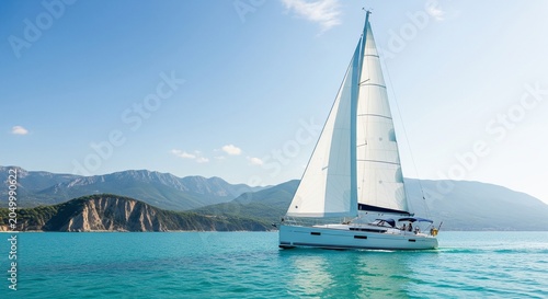 A white modern monohull sailboat with full sails up cruising on turquoise water near a rocky tropical island cliff under a bright blue sky