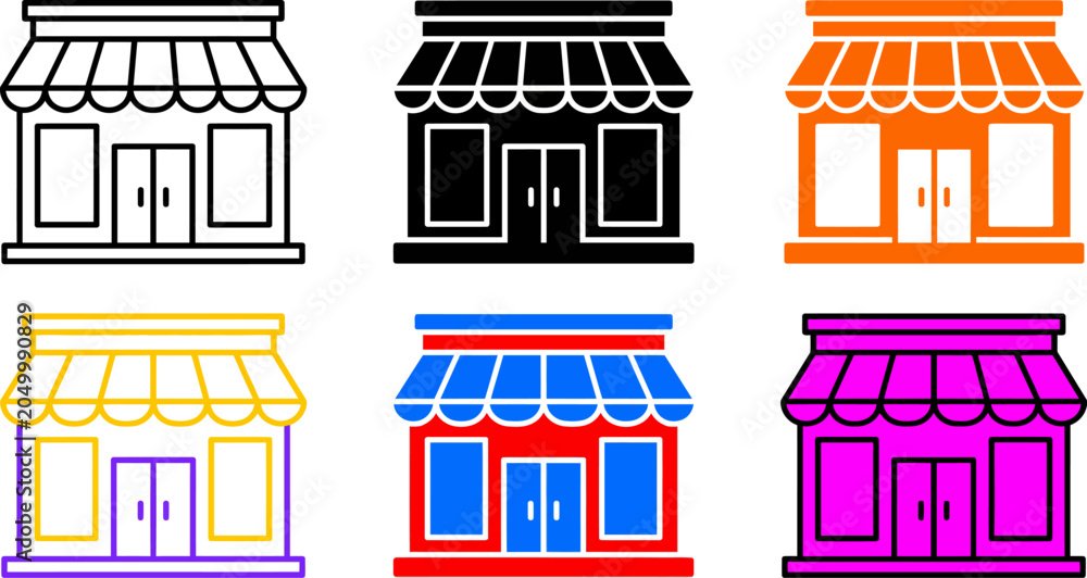 Fototapeta premium Colorful storefronts with awnings and doors and windows icons various