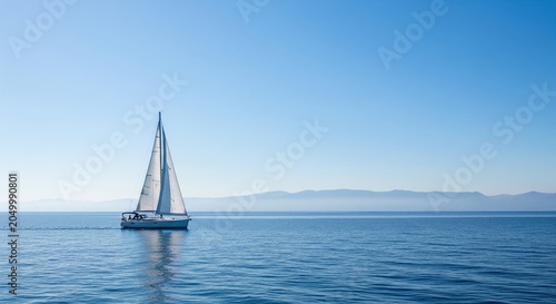Minimalist shot of a single white sailboat sailing on deep blue, calm ocean water with a soft silhouette of mountains on the horizon under a clear sky