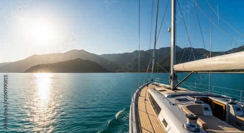 View from the deck of a modern luxury sailboat or yacht cruising on calm turquoise sea water towards mountains at sunset or sunrise with bright sun flare.