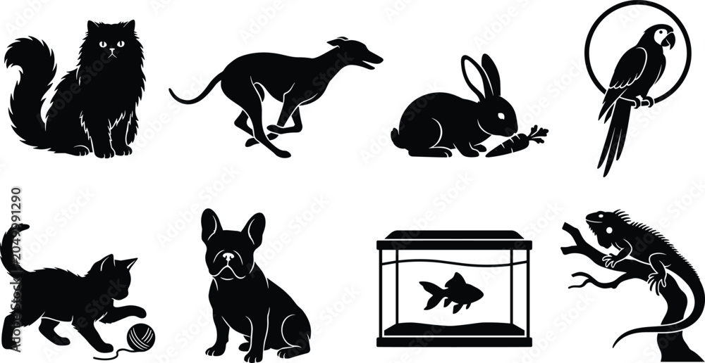 Obraz premium Domestic and exotic pets black silhouettes vector icon set isolated on white background