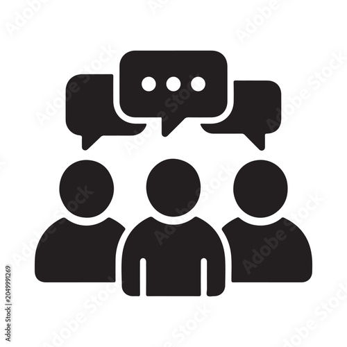 Tableau sur toile Black silhouette of three people with speech bubbles above them on white backgro