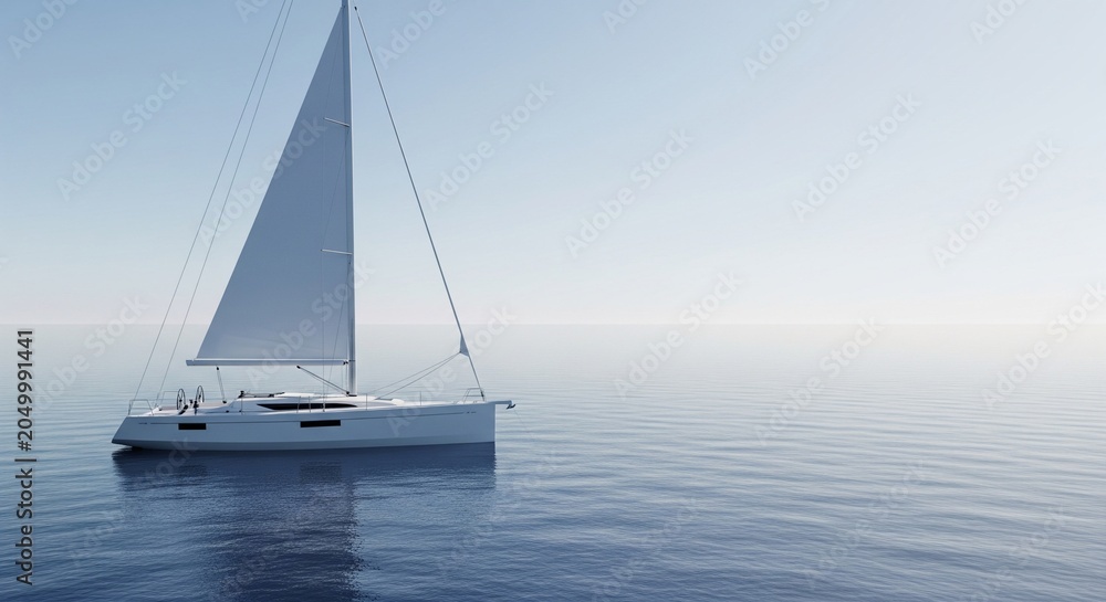 Fototapeta premium Side profile of a modern white sailing yacht with a large triangular sail up on a calm misty sea