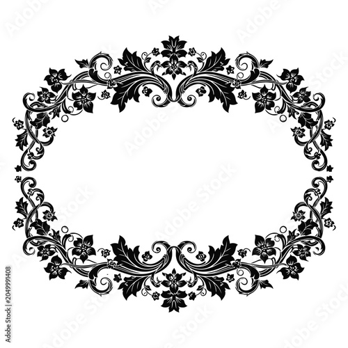 An elegant black and white floral filigree oval frame featuring intricate botanical scrolls and leaves.