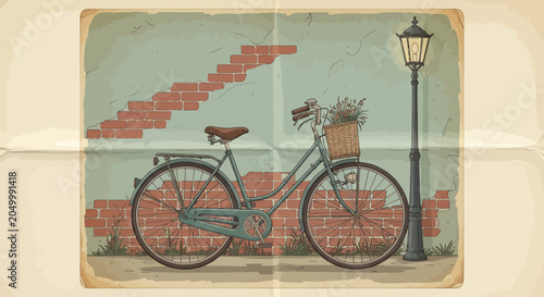 Tableau sur toile Vintage Bicycle with Flower Basket by Old Brick Wall and Lamppost