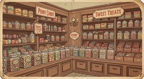 Obraz na płótnie Vintage Candy Store Interior with Shelves Full of Jars and Sweet Treats