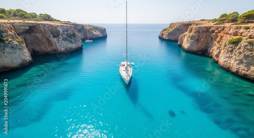 Top view of a luxury white sailboat floating on crystal clear turquoise sea water in a beautiful rocky bay or canyon on a bright sunny day
