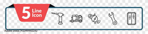 Foto outline construction and tools icons set - blowtorch, truck with crane, spanner, glass wall
