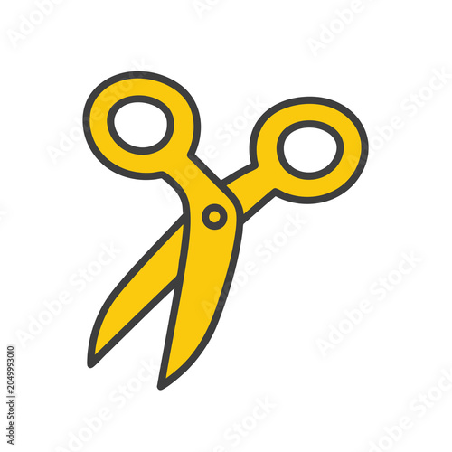 Minimalist yellow vector icon of open scissors.