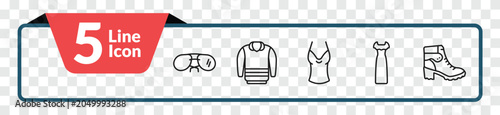 Foto outline clothes icons set - pilot sunglasses, pullover, long sleeveless dress, danica shoes
