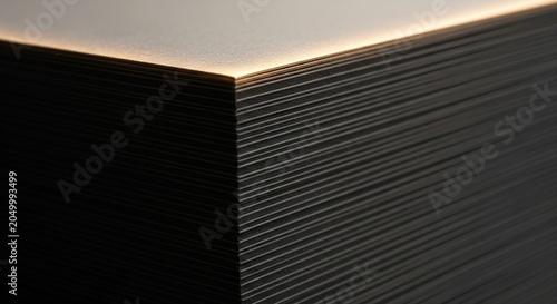 Close-up of a stack of black paper sheets with warm rim lighting