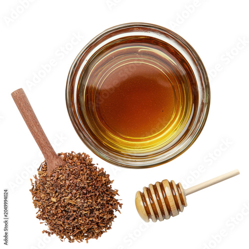 Overhead Shot Of Honey In Glass Bowl With Wooden Spoon And Rooibos Tea With Transparent Background