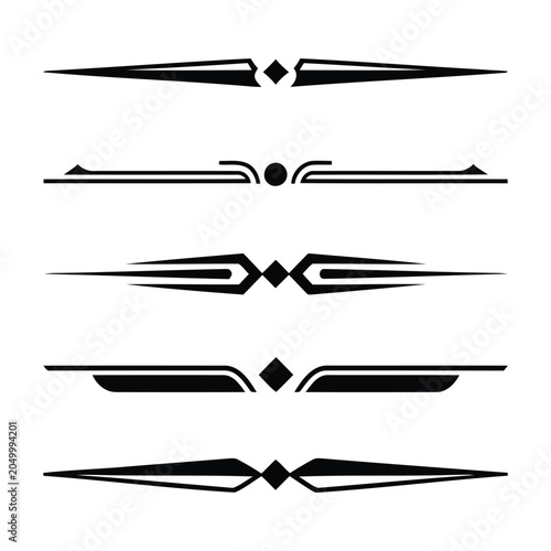 A set of five black decorative horizontal dividers with geometric shapes isolated on a white background.