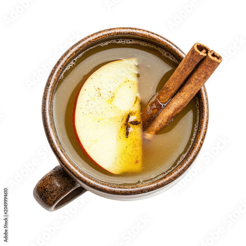 Overhead View Of Warm Apple Cinnamon Drink In Ceramic Cup With Transparent Background