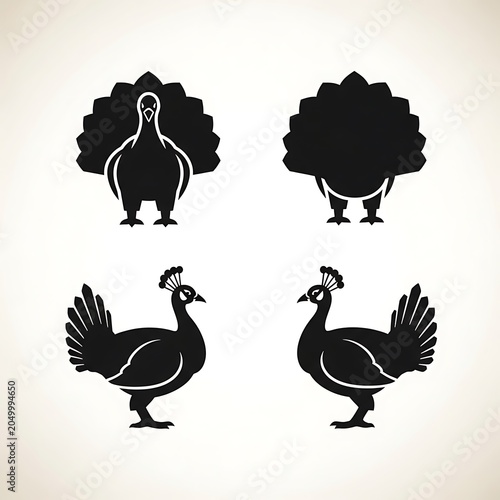 Black silhouette illustrations of four birds perched on branches.