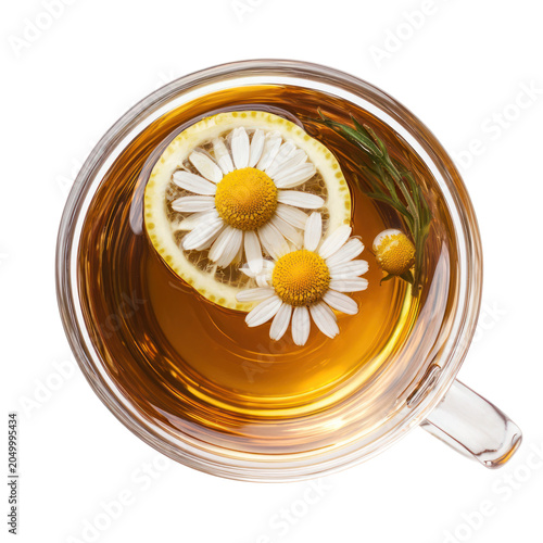 Chamomile Tea In Glass Cup With Lemon Slice And Flowers Isolated On Transparent Background Top View