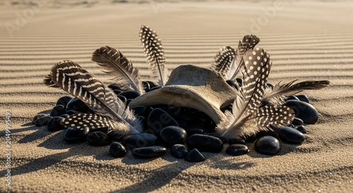 An eye-level shot of a weathered bone placed on black pebbles, surrounded by a fan of striped bird feathers on a desert sand dune