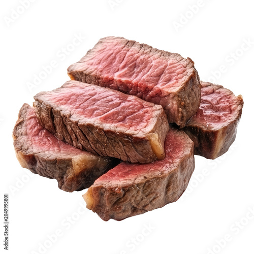 Close Up of Juicy Sliced Beef Steaks Showing Pink Interior with Salt Texture