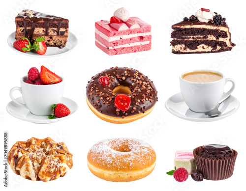 Assortment Of Cakes Donuts Waffles And Coffee Cups On Transparent Background