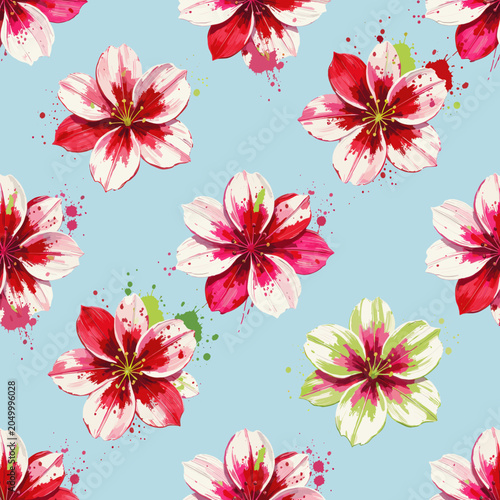 Red and White Floral Pattern on Light Blue Background